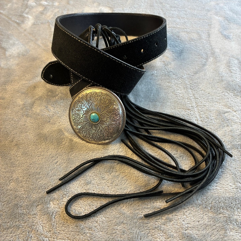 Vtg Nocona Black Leather Suede Fringe Concho Belt Turquoise Silver Sz 32x1 Boho